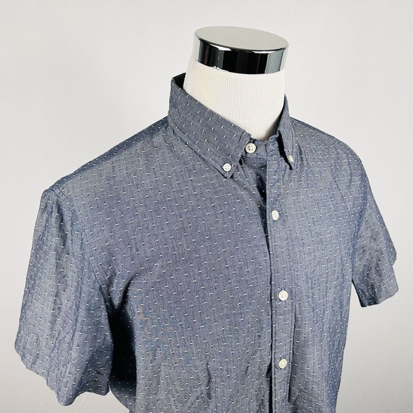 Jomers Large Slim Fit Chambray Shirt Blue Knit Polka Dot Cotton Short Sleeve - Picture 1 of 4